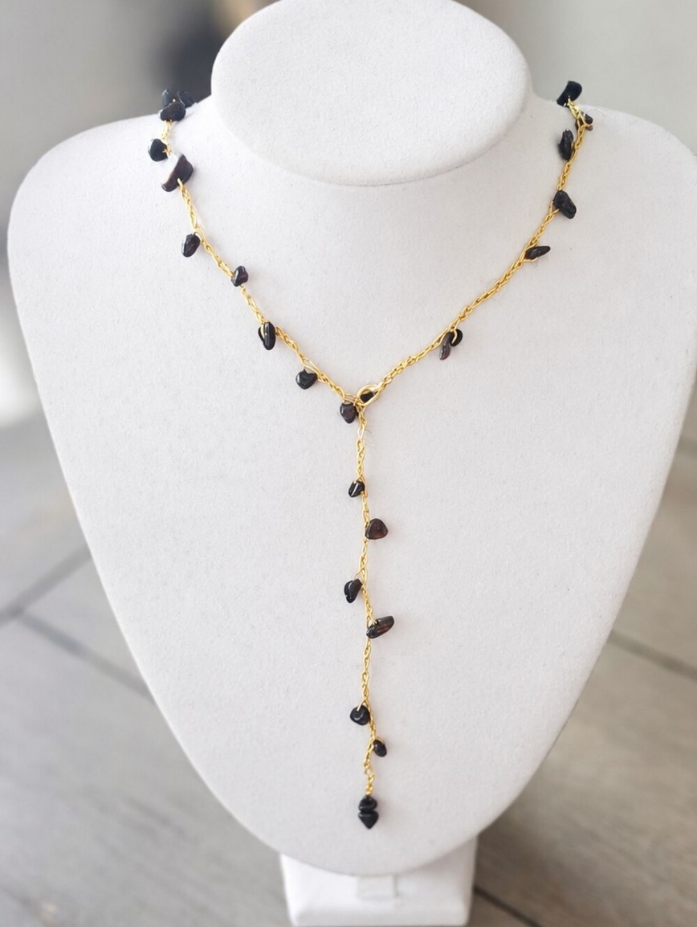 Delicate Gold Lariat Necklace with Black Gem Stones Handmade Onyx